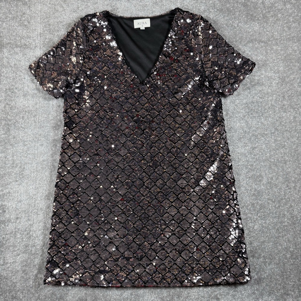 Aura Mini Dress Women's Small Silver Sequin V Neck Party Diamond Cocktail